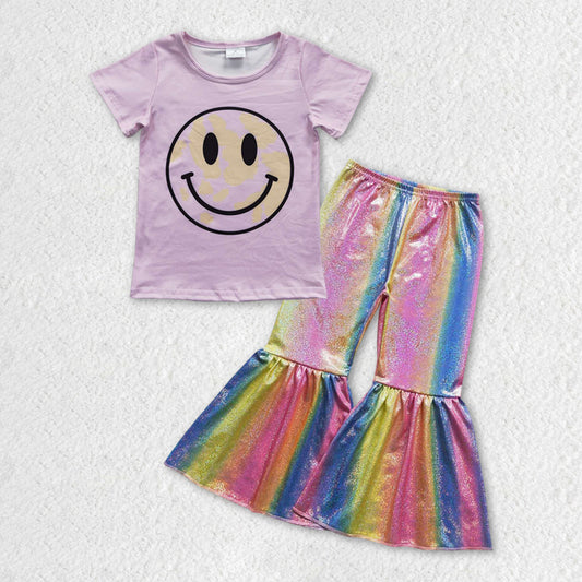 GSPO0918 satin fabric gilding smile colorful pants short sleeve children boys girl outfit RTS 20230925