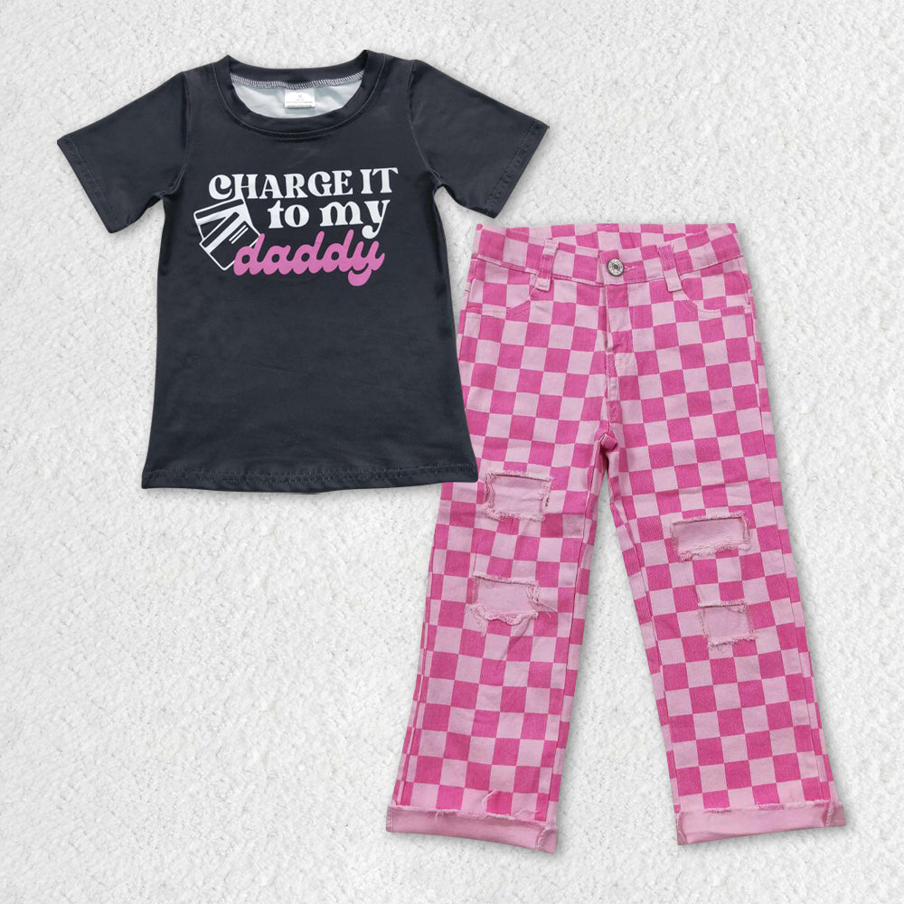 GSPO0931 western my daddy's short sleeve pink checkerboard denim jeans girl outfit 20230925 RTS