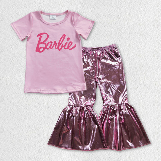 GSPO0943 satin fabric gilding Barbie pink pants short sleeve children boys girl outfit RTS 20230927