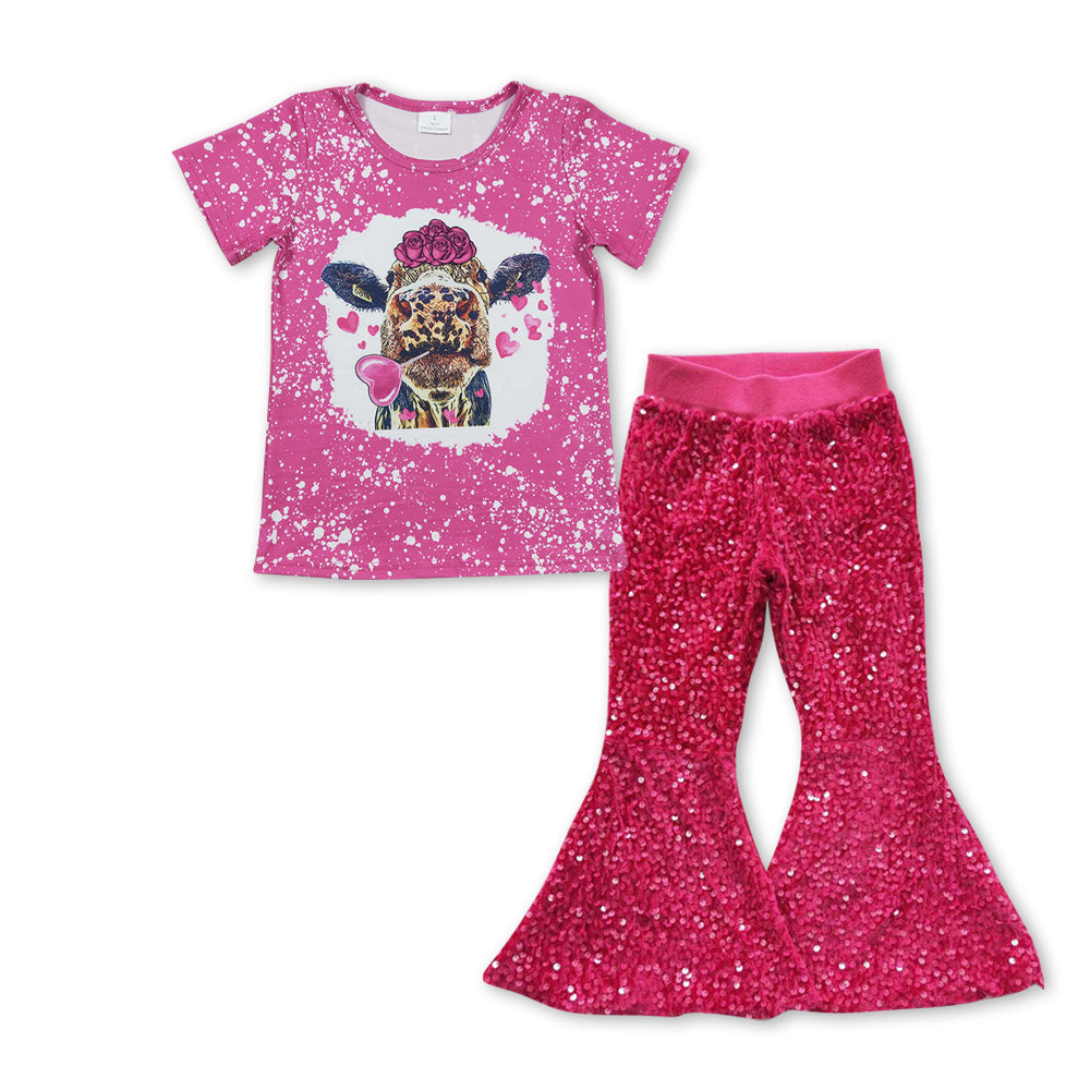 GSPO0952组合 RTS cow pink short sleeve love sequin girl outfit 20231003 RTS