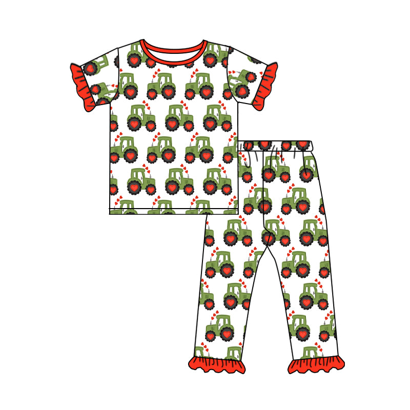 GSPO0978 western love valentine tractor short sleeve girl pajamas outfit RTS 20231106