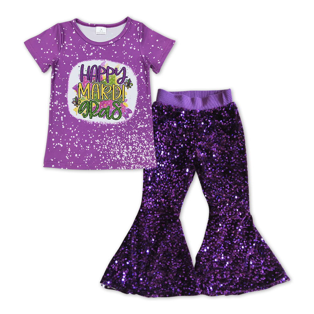 GSPO1103组合 RTS Mardi Gras purple short sleeve sequin girl outfit 20231108 RTS