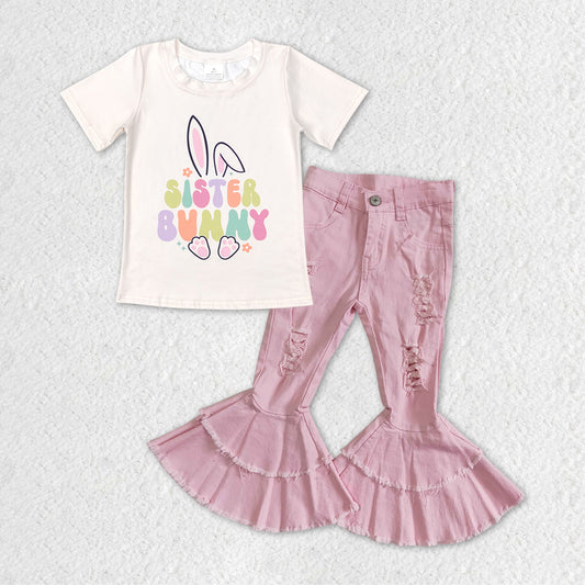 GSPO1134 western sister bunny Easter pink jeans short sleeve top denim girl outfit 20231121 RTS