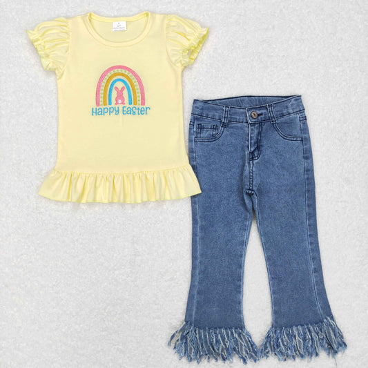 GSPO1136 western Happy Easter rainbow short sleeve yellow top blue denim jeans girl outfit 20231121RTS