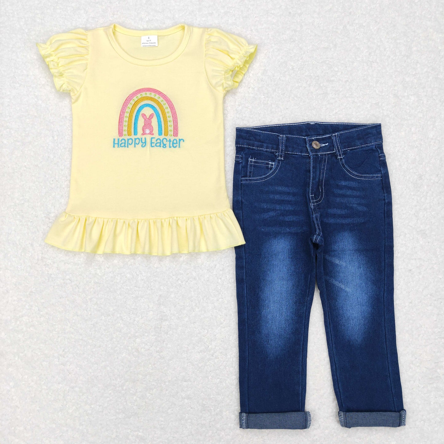 GSPO1136 western Happy Easter rainbow short sleeve yellow top blue denim jeans girl outfit 20231121RTS