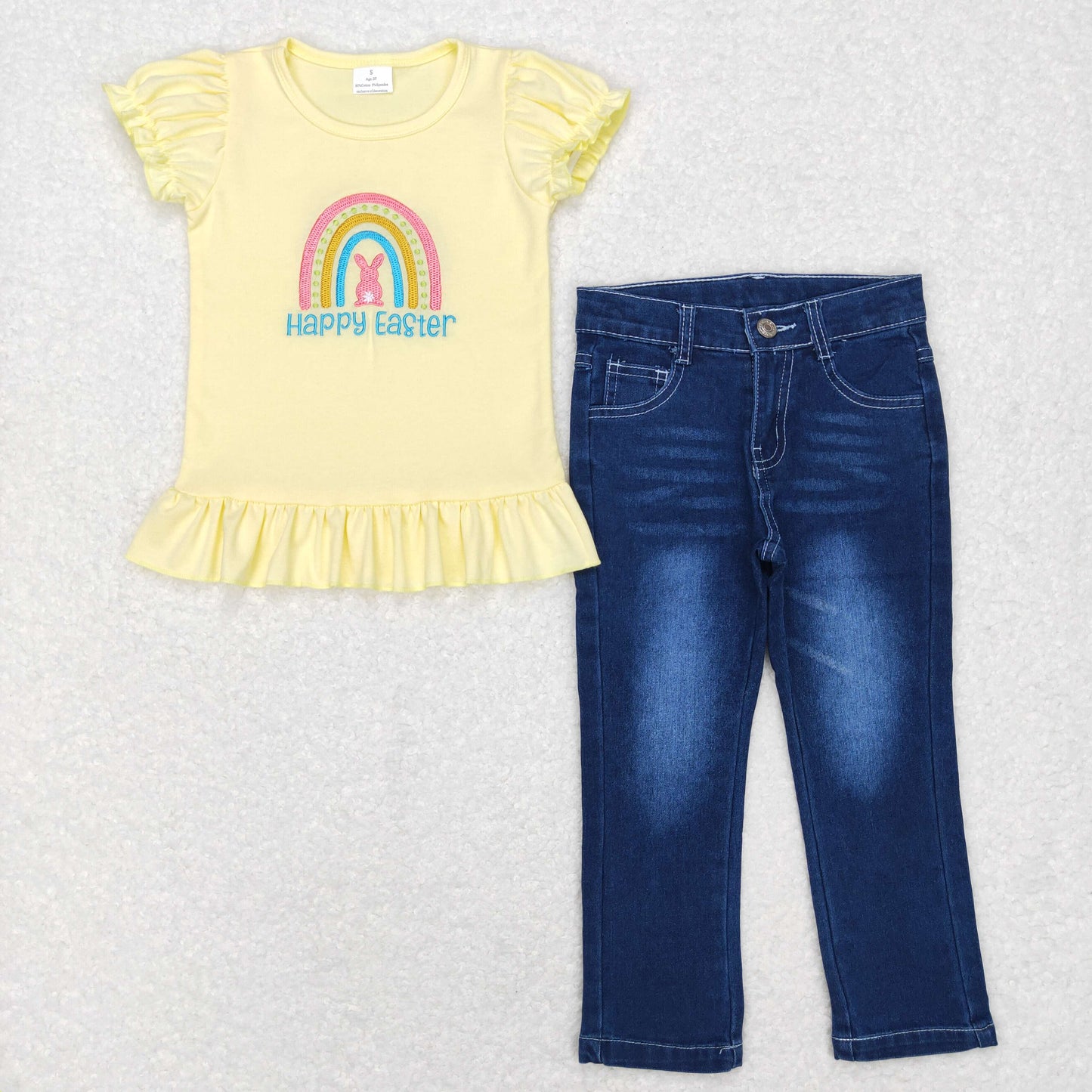 GSPO1137 western Happy Easter rainbow short sleeve yellow top blue denim jeans girl outfit 20231121 RTS