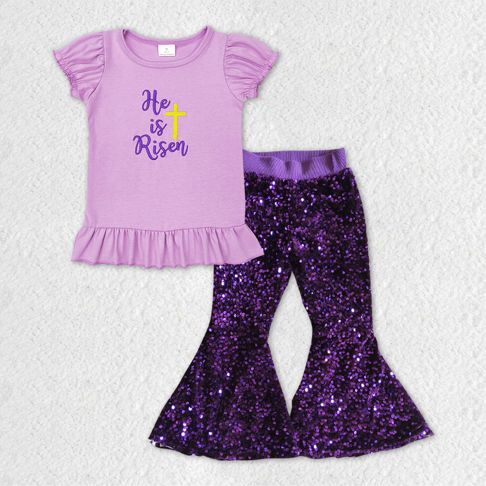 GSPO1139 he is risen RTS Easter bunny short sleeve purple sequin girl outfit 20231121 RTS