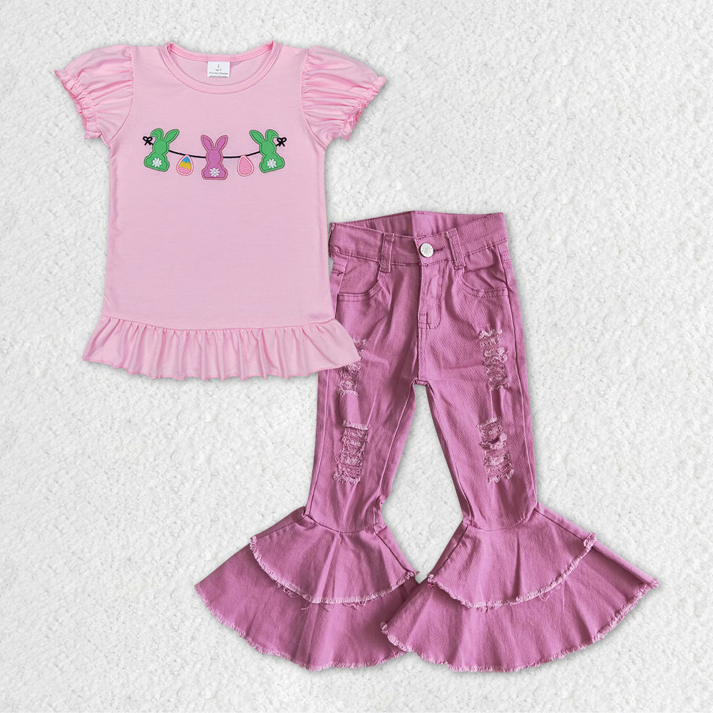 GSPO1158组合 pink Easter bunny embroidery RTS short sleeve purple denim jeans girl outfit 20231130