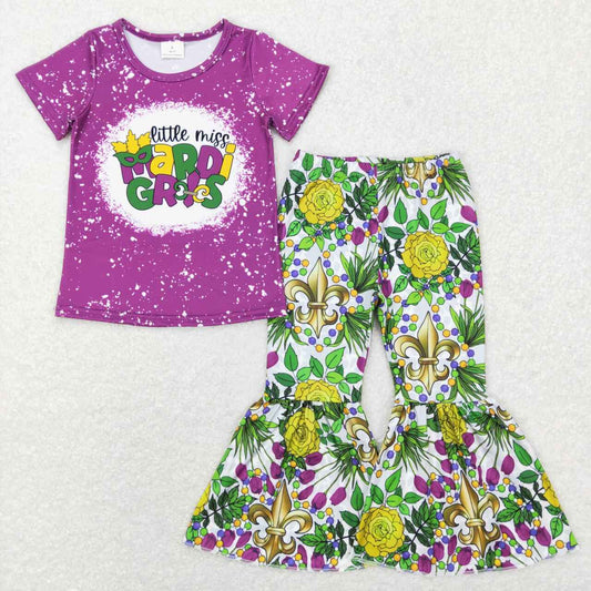 GSPO1171 RTS lucky Mardi Gras purple flowers short sleeve kids girl outfit 2022312