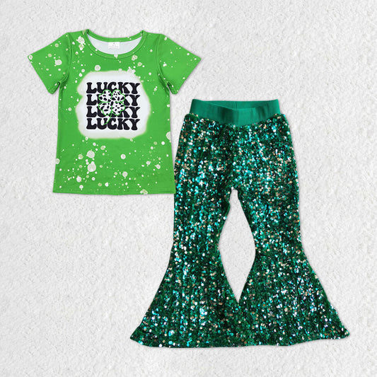 GSPO1297 green lucky long sleeve sequin girl outfit 202312 RTS