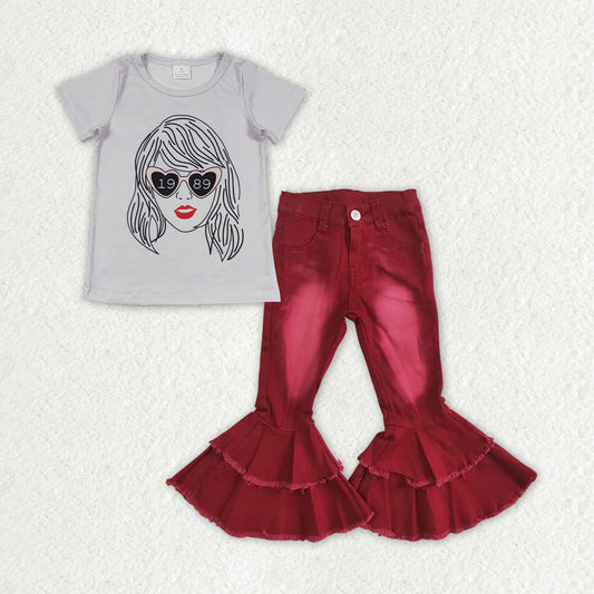 GSPO1459组合 1989 RTS short sleeve denim red jeans girl outfit 202402 RTS