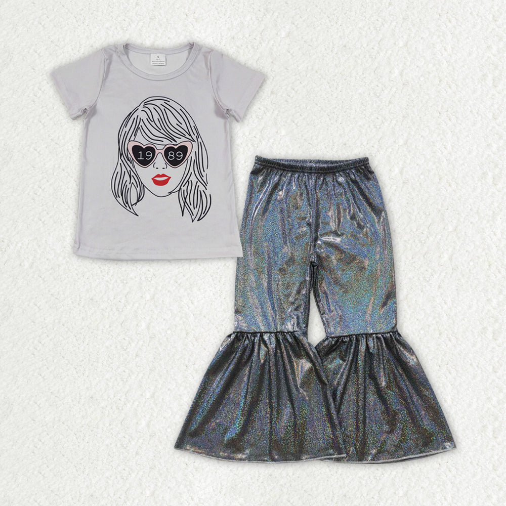 GSPO1481组合 satin fabric gilding pants children girl outfit RTS 202402