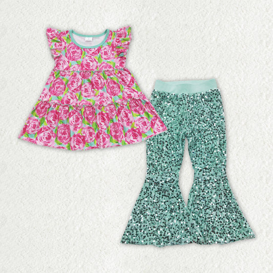 组合 GSPO1501 flower short sleeve sequin girl outfit RTS 202403