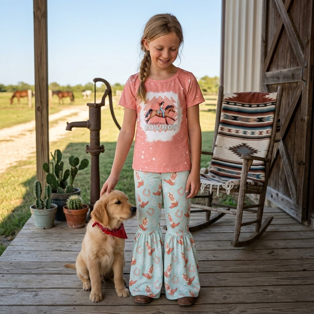 NO MOQ RTS GSPO1571 (2) Baby Girl Clothes Western Cowboy Horse Graphic Print Short Sleeve Top Flare Pant Set 202610