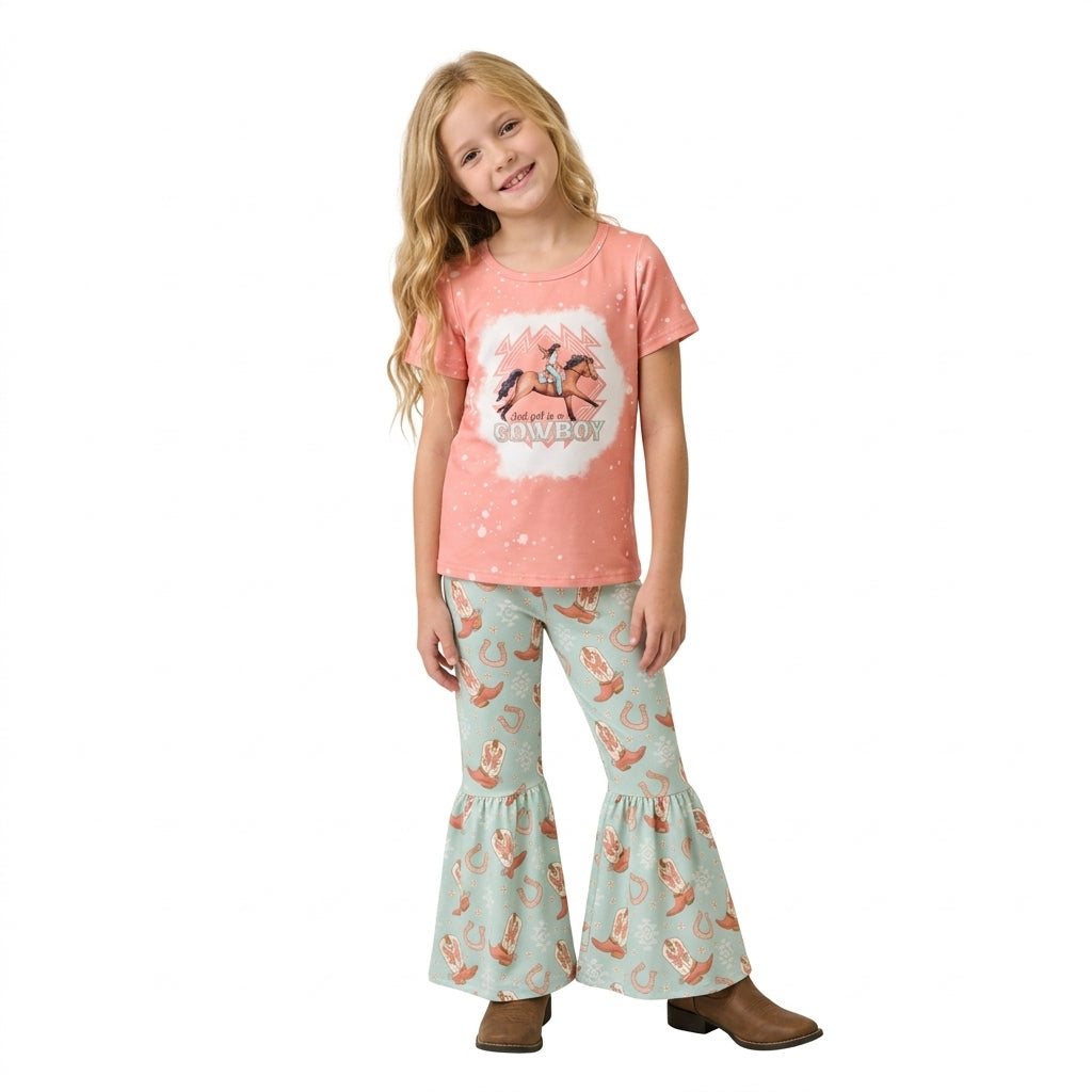 NO MOQ RTS GSPO1571 (2) Baby Girl Clothes Western Cowboy Horse Graphic Print Short Sleeve Top Flare Pant Set 202610