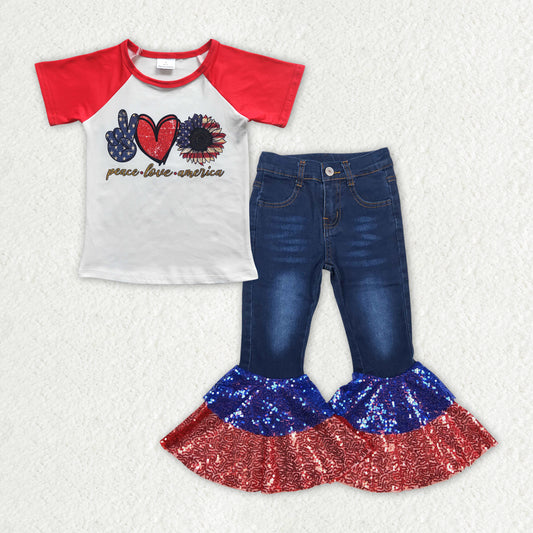 GSPO1622组合 July 4th sequin short sleeve denim jeans girl outfit 202405 RTS