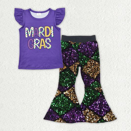 GSPO1831组合 Mardi Gras Western short sleeve top urple sequin girl outfit 202411 RTS