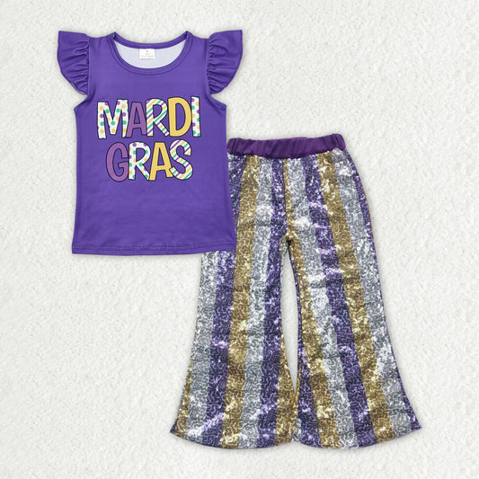 GSPO1832 组合 Mardi Gras Western short sleeve top urple sequin girl outfit 202411 RTS