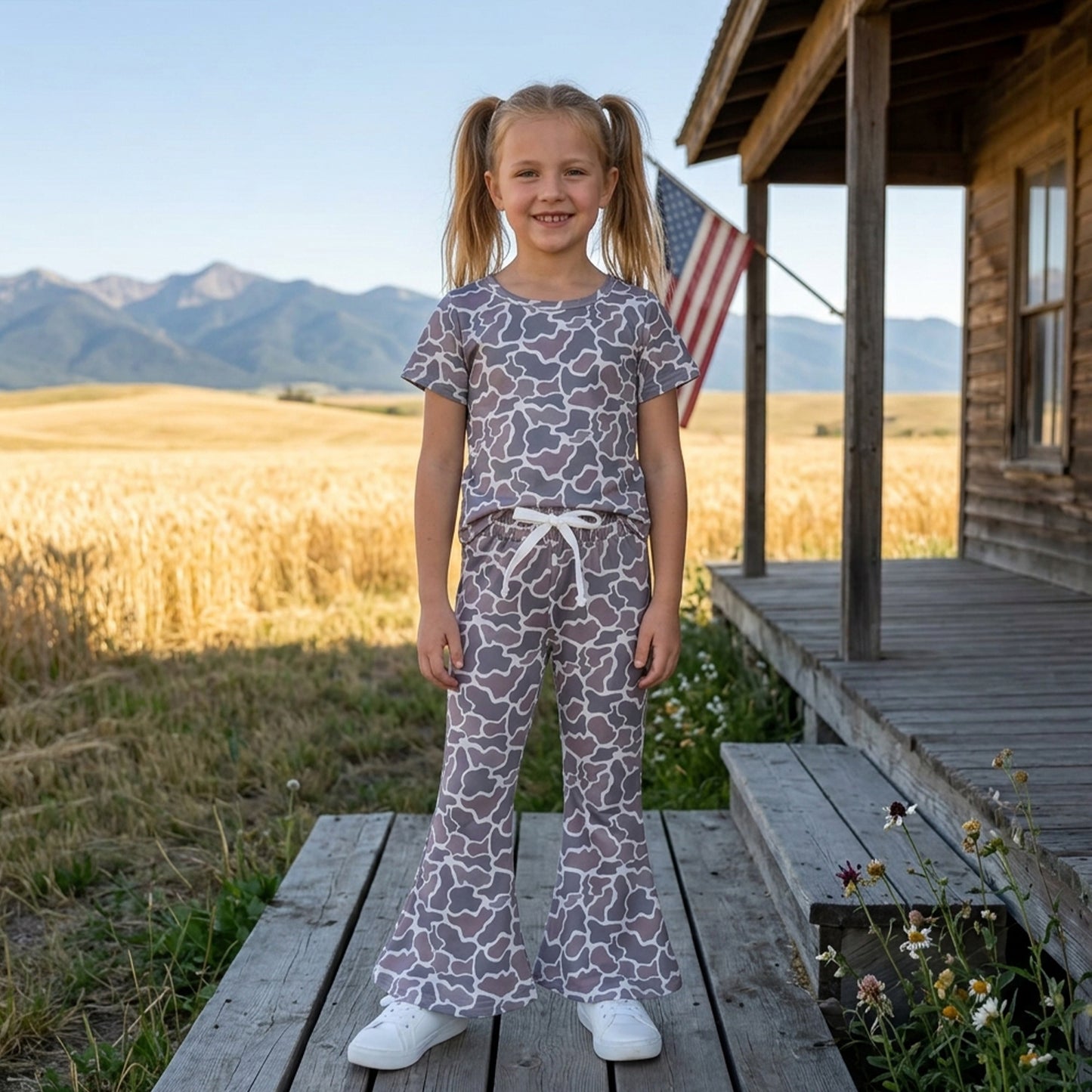 RTS GSPO1889 Kids Animal Print Short Sleeve Top Flared Pants Outfit Set 202608