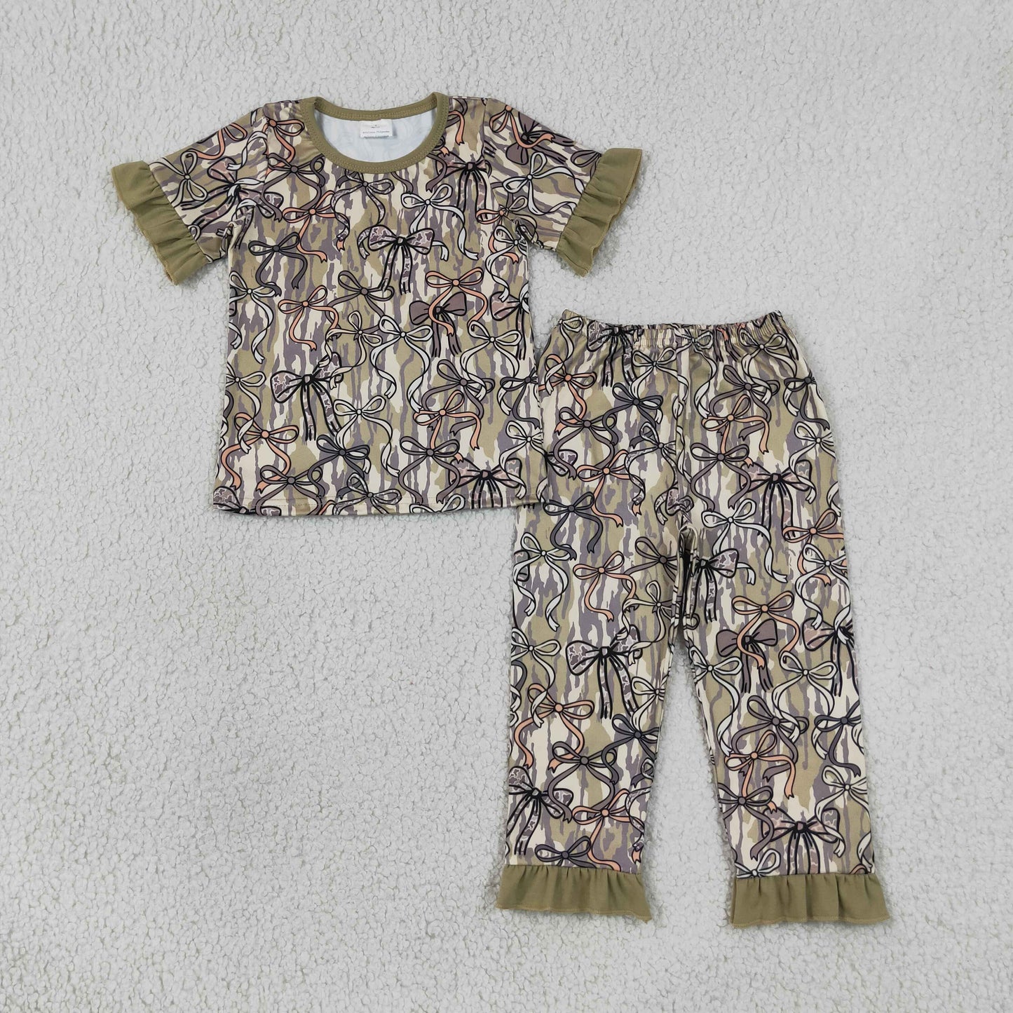  GSPO2264 Bow Print Loungewear Girls Bow Print Ruffle Sleeve Matching Pants Set 202607 RTS
