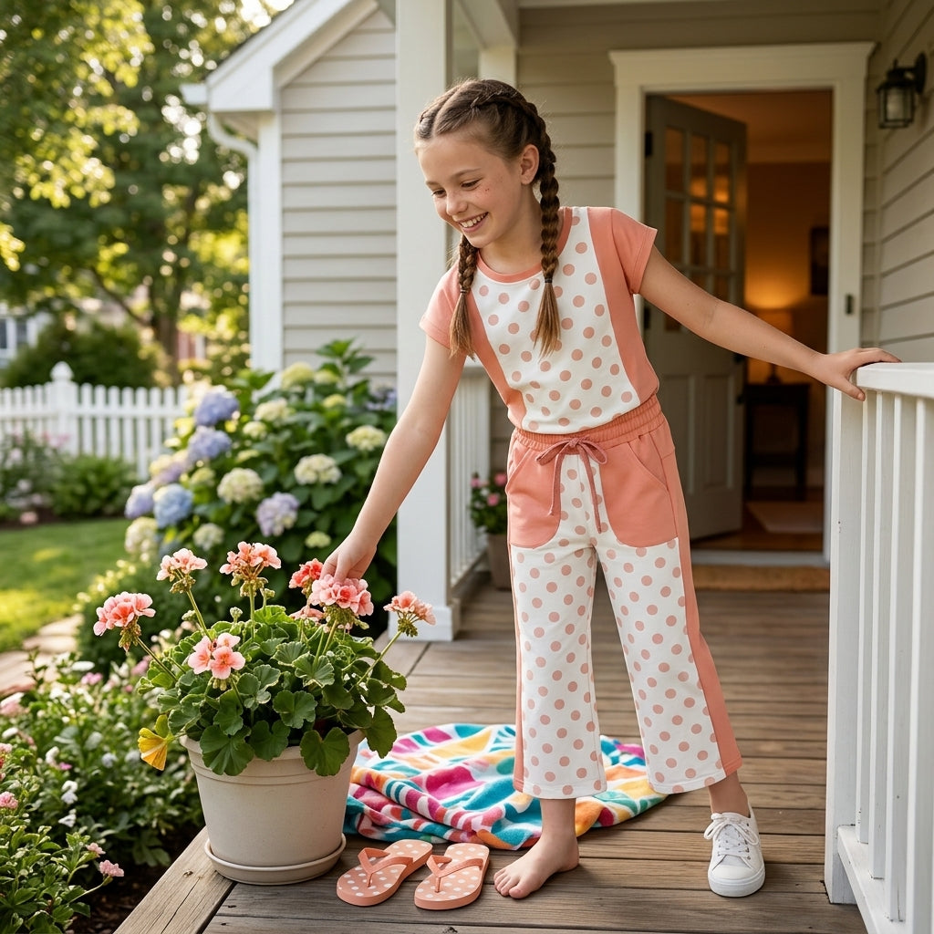 NO MOQ RTS GSPO2333-yoga Baby Girl Clothes Pink Polka Dot Color Block Print Cap Sleeve Top Wide Leg Pant Set 202610