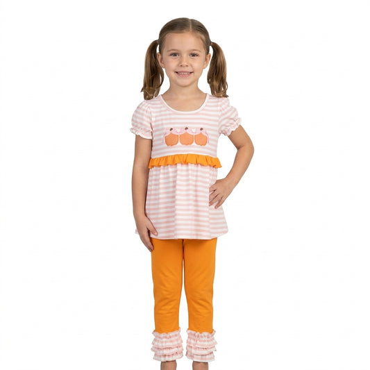 NO MOQ RTS GSPO2337-embroidery Baby Girl Clothes Pink Stripe Pumpkin Trio Embroidery Short Sleeve Tunic Ruffle Pant Outfit 202609
