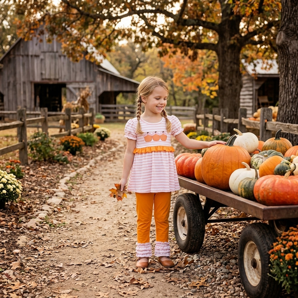 NO MOQ RTS GSPO2337-embroidery Baby Girl Clothes Pink Stripe Pumpkin Trio Embroidery Short Sleeve Tunic Ruffle Pant Outfit 202609