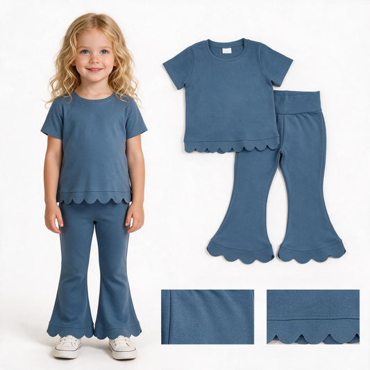 RTS NO MOQ GSPO2339 GT1769+P1077 blue solid girl Pants cotton outfit Set 202608