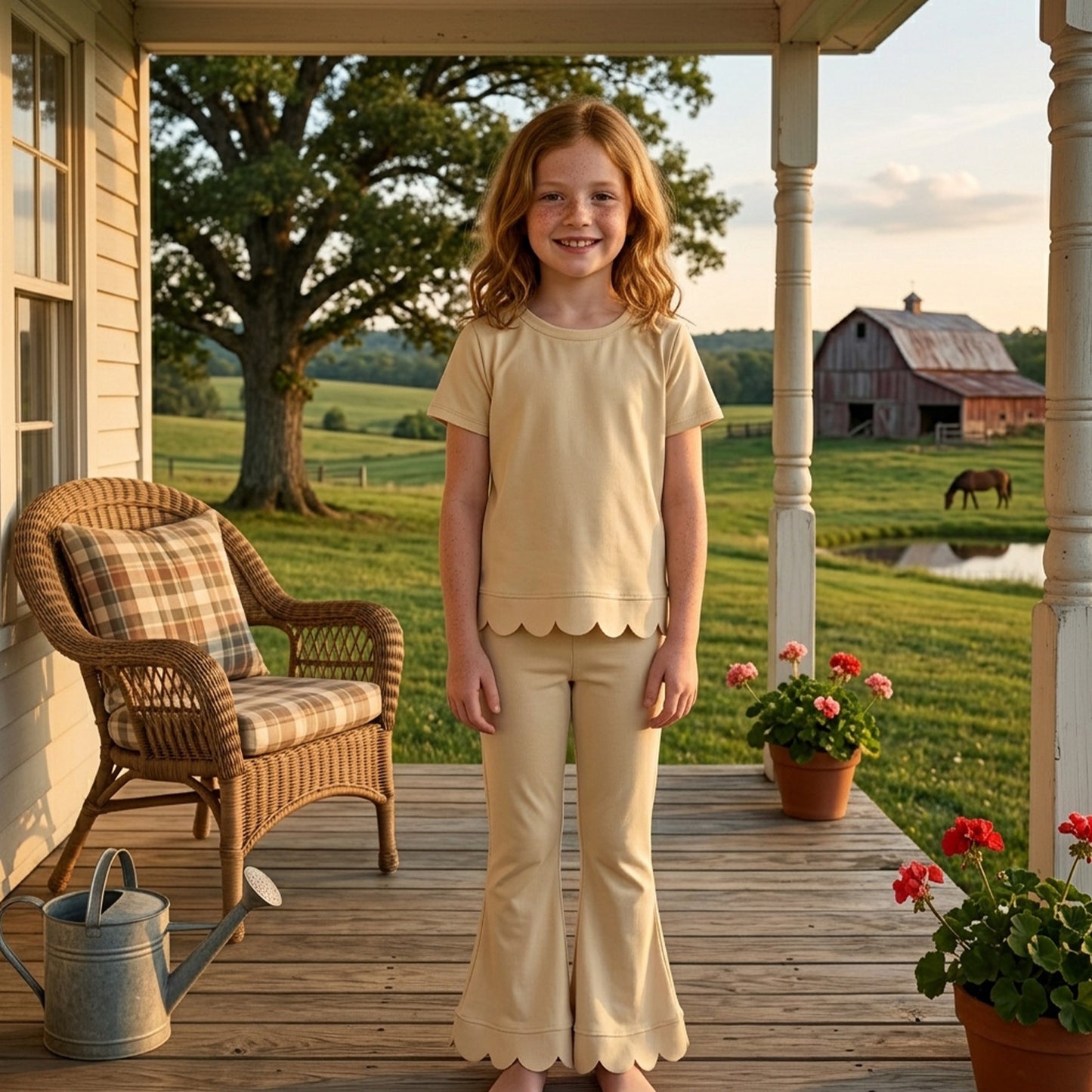 RTS GSPO2340 scallop bundle Kids Scalloped Trim Short Sleeve Top Flared Pants Outfit Set 202608