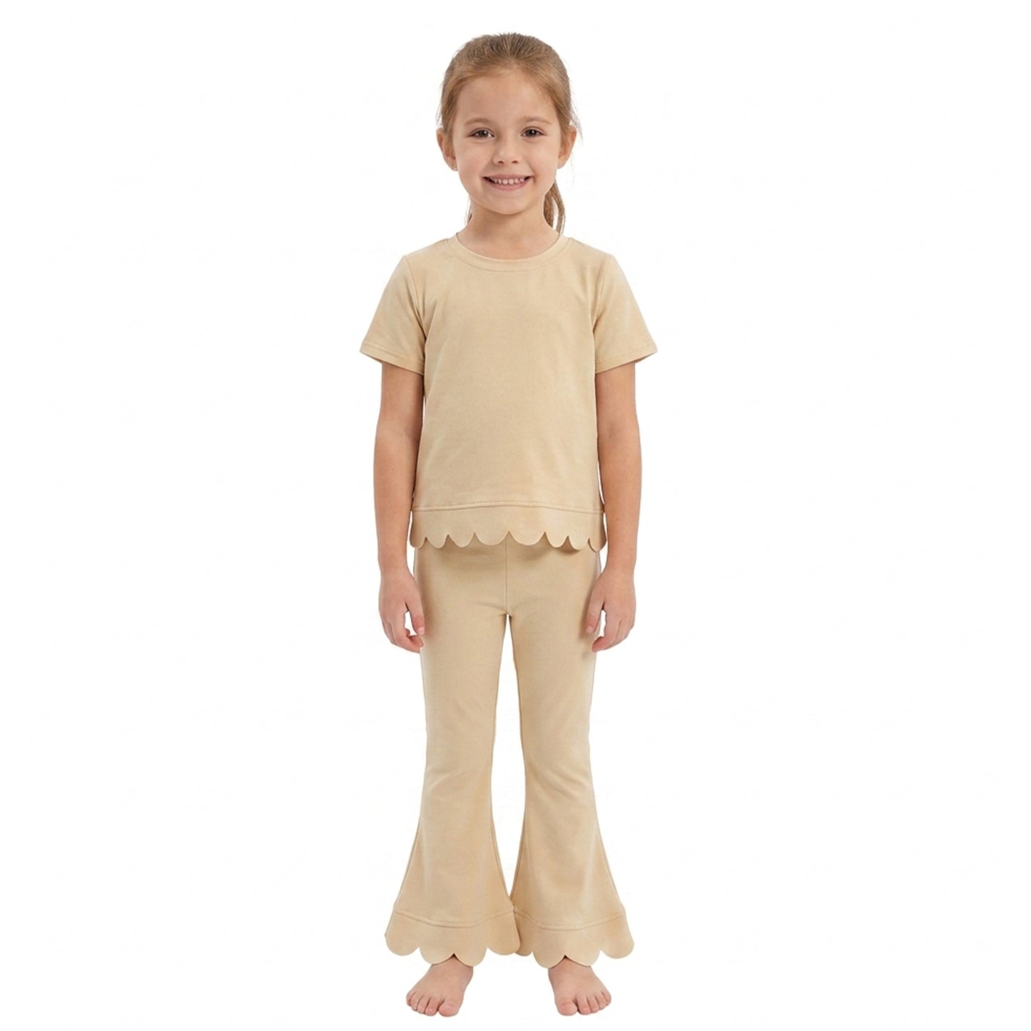 RTS GSPO2340 scallop bundle Kids Scalloped Trim Short Sleeve Top Flared Pants Outfit Set 202608