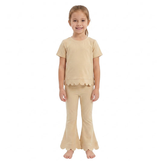 RTS GSPO2340 scallop bundle Kids Scalloped Trim Short Sleeve Top Flared Pants Outfit Set 202608