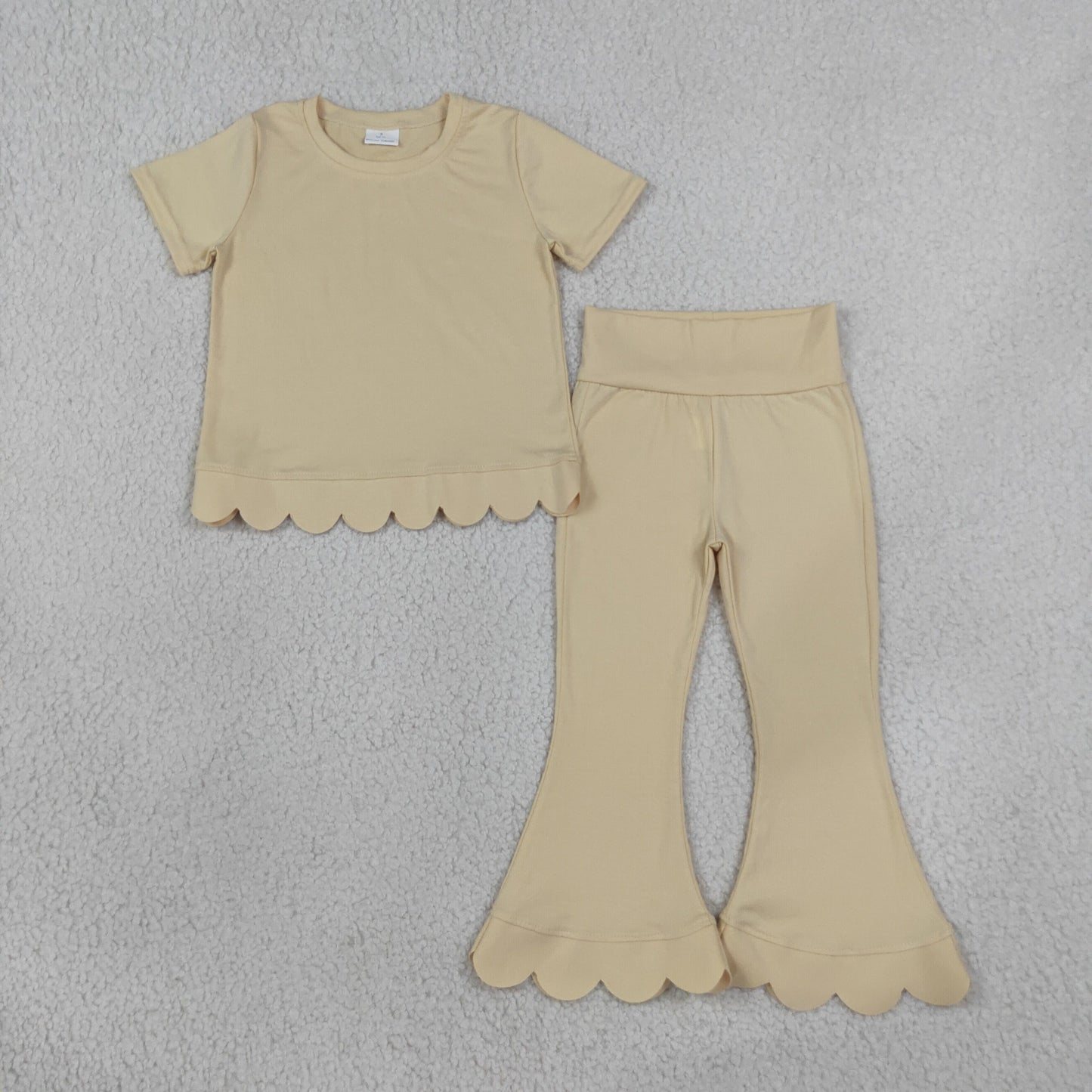 RTS GSPO2340 scallop bundle Kids Scalloped Trim Short Sleeve Top Flared Pants Outfit Set 202608
