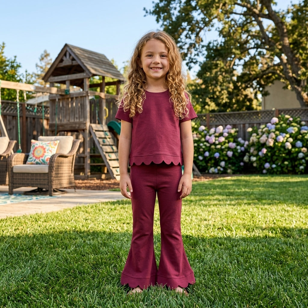 NO MOQ RTS P1079-scallop Baby Girl Clothes Solid Maroon Scallop Trim High Waist Flare Pants