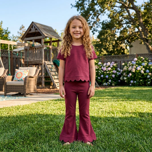 NO MOQ RTS GT1771-scallop Baby Girl Clothes Solid Maroon Scallop Trim Short Sleeve T Shirt