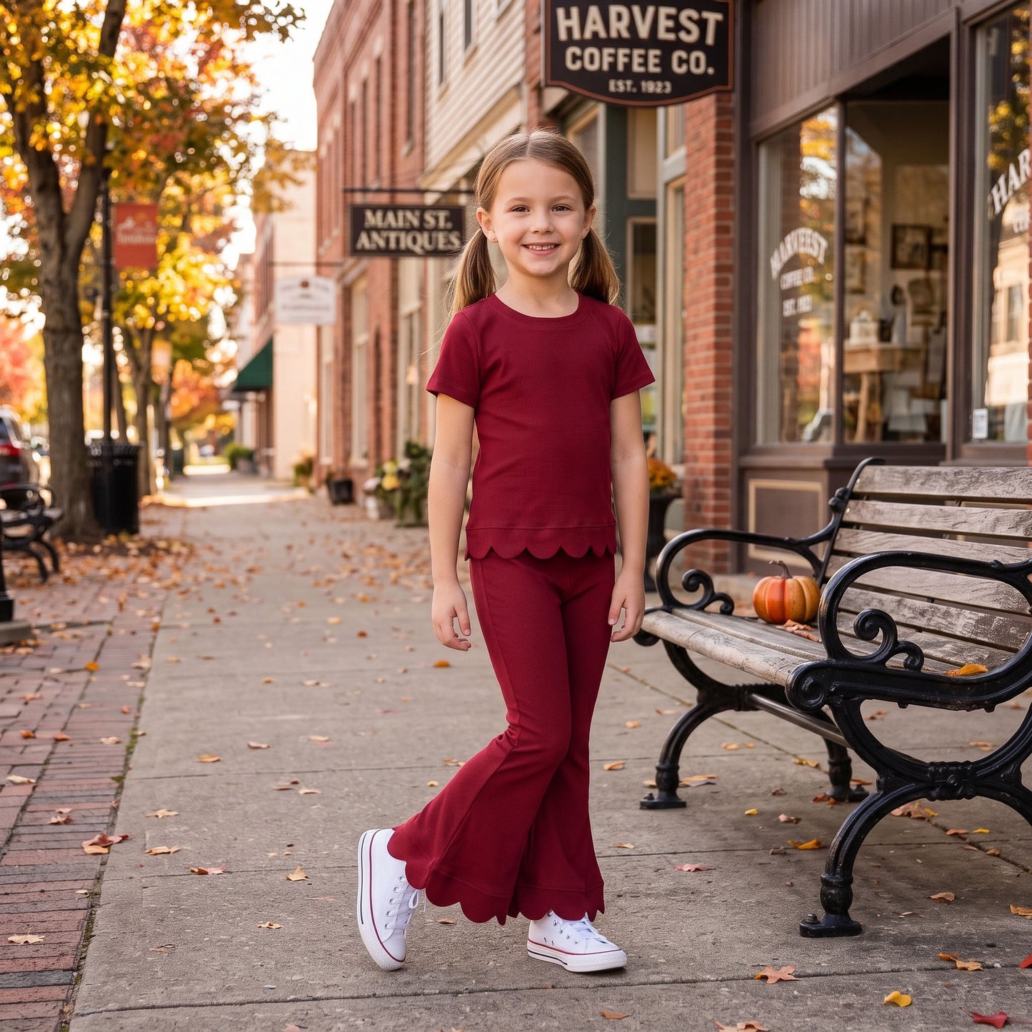 RTS GSPO2344 GT1774+P1082 Red Scallop Hem Top & Bell Pants Set for Girls – Wavy Trim Short Sleeve Tee with Flare Pants Two Piece Outfit