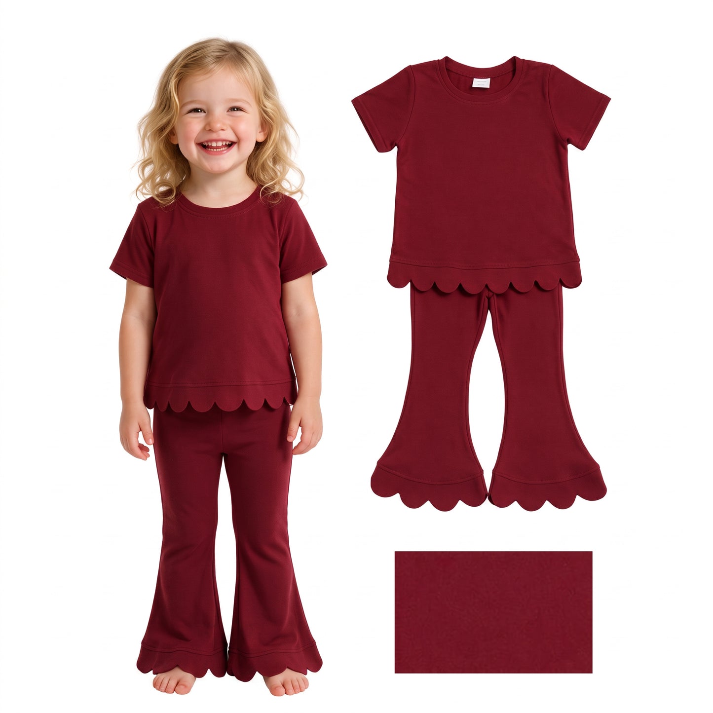 RTS GSPO2344 GT1774+P1082 Red Scallop Hem Top & Bell Pants Set for Girls – Wavy Trim Short Sleeve Tee with Flare Pants Two Piece Outfit