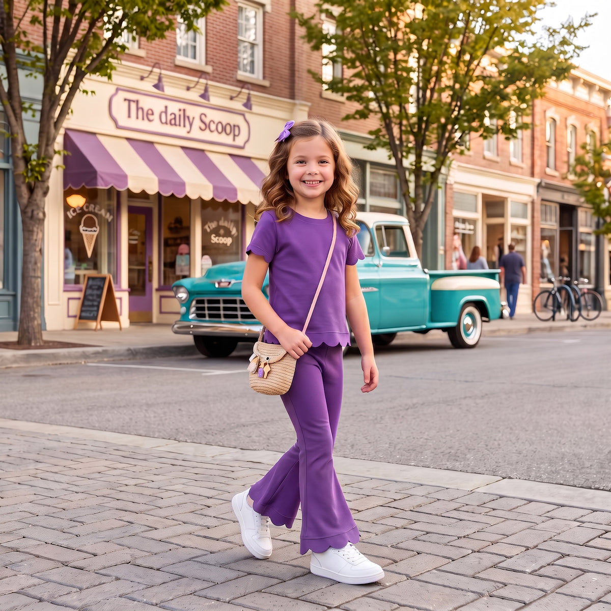 RTS P1084 scallop Purple Kids Solid Scalloped Trim Flared Pants 202609