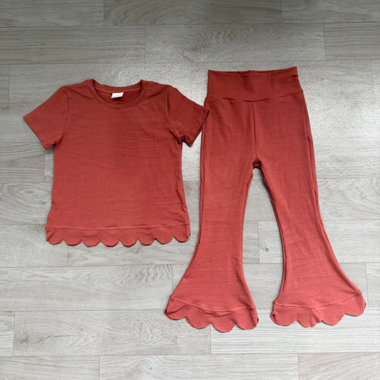 RTS GSPO2347 Rust Red Short Sleeve Top Scallop Flare Pants Girls Outfit 202608
