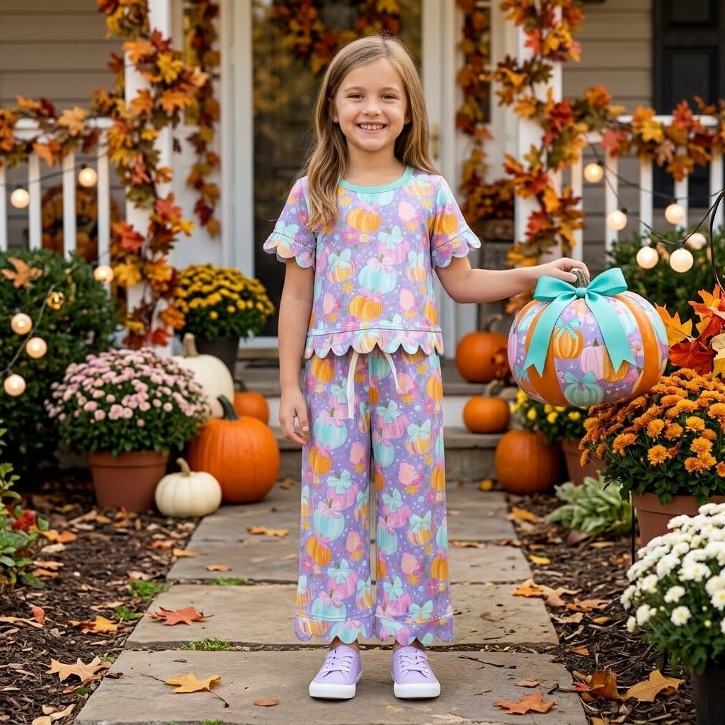 NO MOQ RTS GSPO2364-scallop (2) Baby Girl Clothes Purple Pumpkin Bow Flower Star Print Short Sleeve Scallop Hem Pant Set 202609