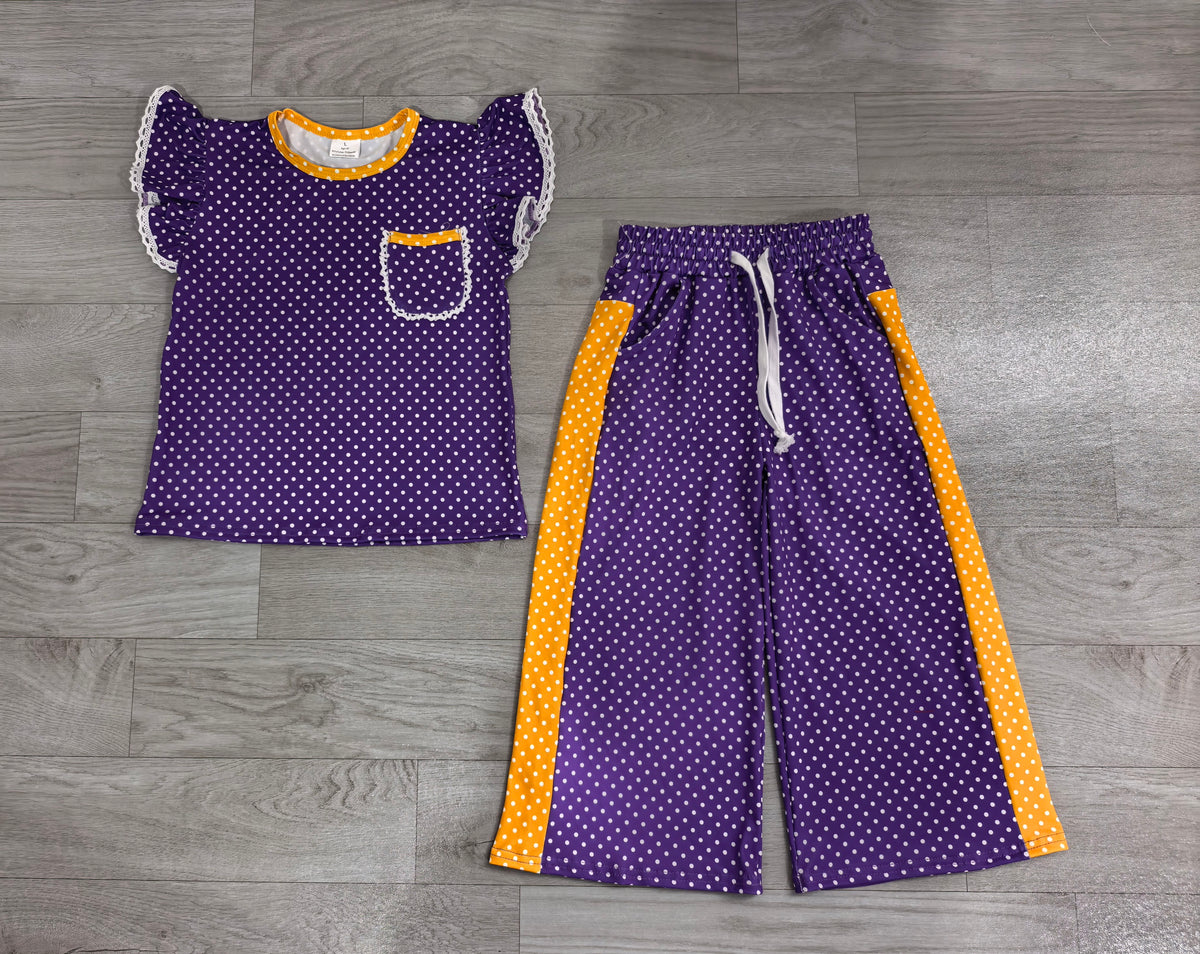 Sample-Real Pics GSPO2366 Baby Girl Clothes Purple White Polka Dot Print Short Sleeve Lace Ruffle Top Wide Leg Pant Set