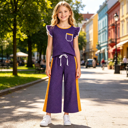 NO MOQ RTS GSPO2366 Baby Girl Clothes Purple Polka Dot Mixed Print Short Sleeve Ruffle Top Wide Leg Pant Set 202609