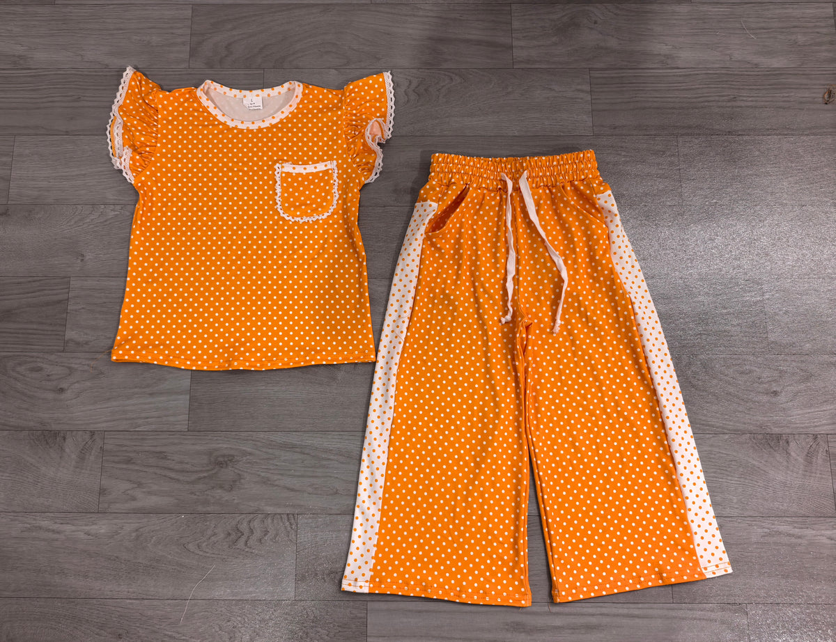Sample-Real Pics GSPO2367 Baby Girl Clothes Orange White Polka Dot Print Short Sleeve Lace Ruffle Top Wide Leg Pant Set