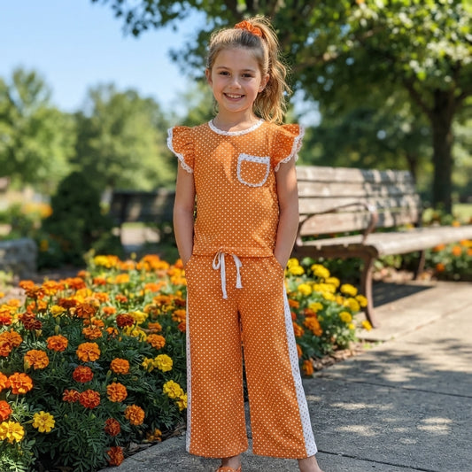 NO MOQ RTS GSPO2367 Baby Girl Clothes Orange Polka Dot Allover Print Short Sleeve Ruffle Top Wide Leg Pant Set 202609