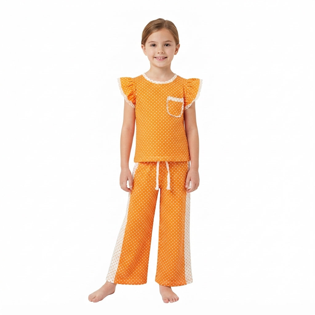 NO MOQ RTS GSPO2367 Baby Girl Clothes Orange Polka Dot Allover Print Short Sleeve Ruffle Top Wide Leg Pant Set 202609