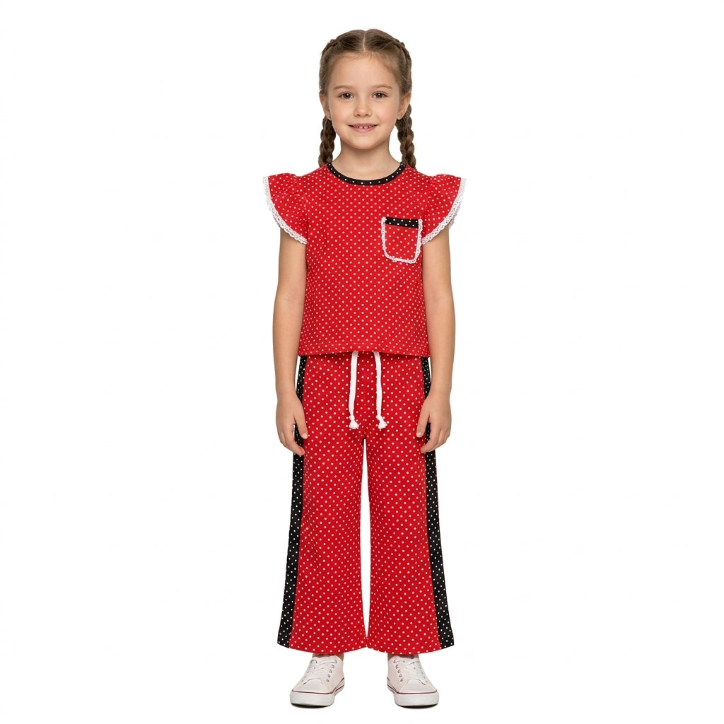 NO MOQ RTS GSPO2370 Baby Girl Clothes Red Polka Dot Print Short Sleeve Ruffle Top Wide Leg Pant Set 202609（副本）