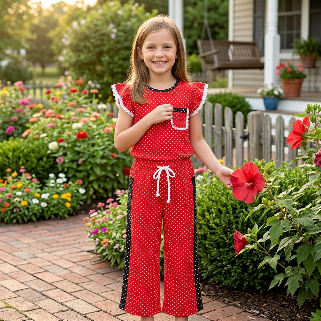 NO MOQ RTS GSPO2370 Baby Girl Clothes Red Polka Dot Print Short Sleeve Ruffle Top Wide Leg Pant Set 202609（副本）