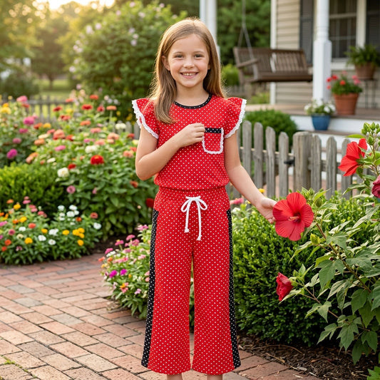 NO MOQ RTS GSPO2370 Baby Girl Clothes Red Polka Dot Print Short Sleeve Ruffle Top Wide Leg Pant Set 202609（副本）