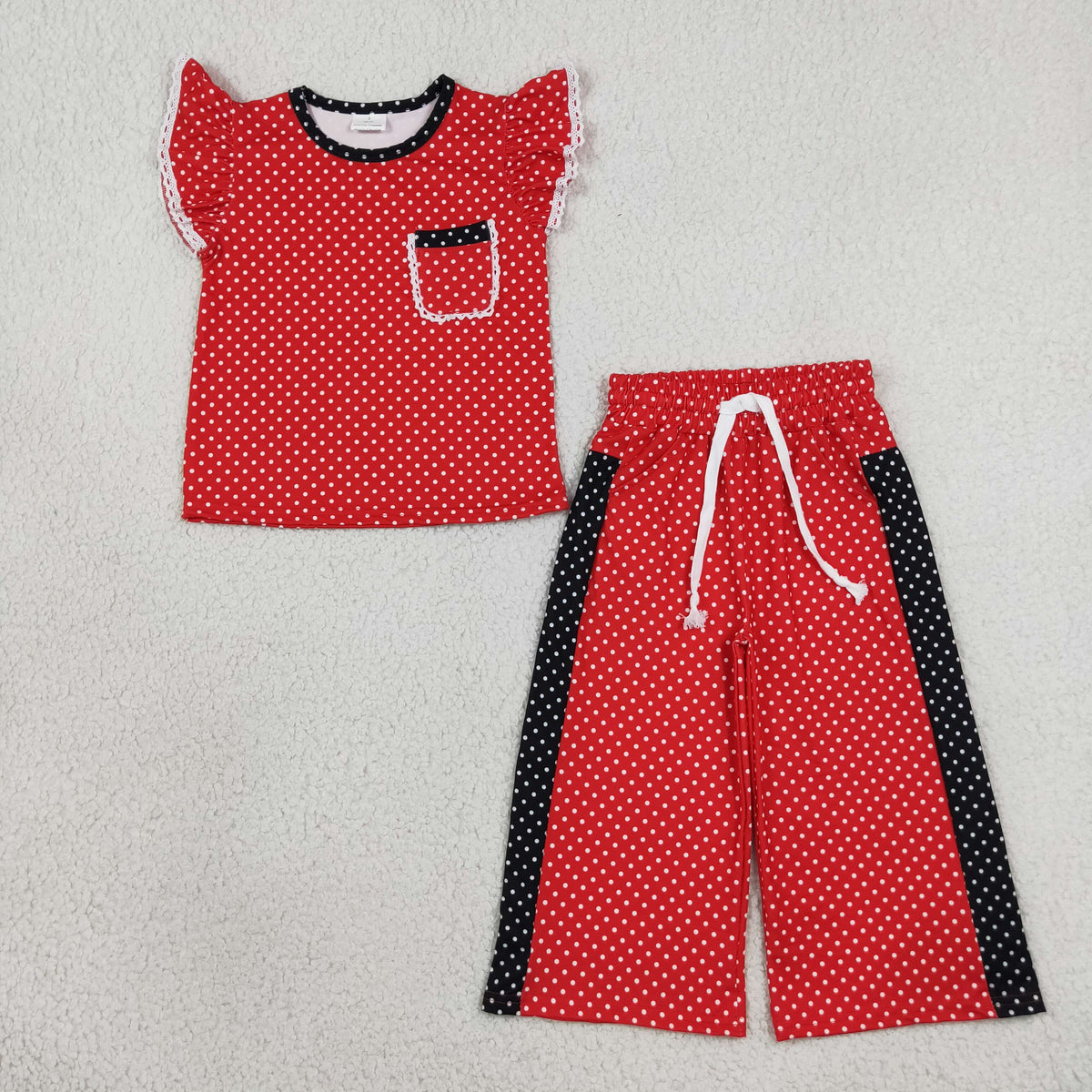 NO MOQ RTS GSPO2370 Baby Girl Clothes Red Polka Dot Print Short Sleeve Ruffle Top Wide Leg Pant Set 202609（副本）
