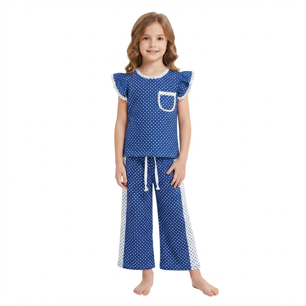NO MOQ RTS GSPO2372 (2) Baby Girl Clothes Blue Polka Dot Print Short Sleeve Ruffle Top Wide Leg Pant Set 202609