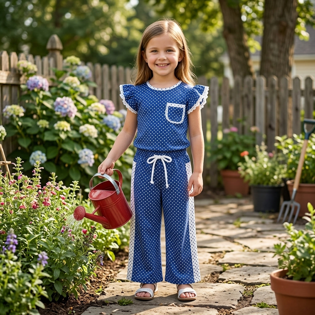 NO MOQ RTS GSPO2372 (2) Baby Girl Clothes Blue Polka Dot Print Short Sleeve Ruffle Top Wide Leg Pant Set 202609